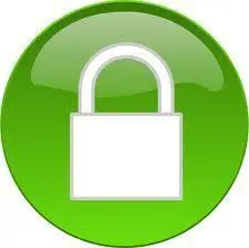 secure access icon: glossy green circle with white padlock symbol for protection and trust.