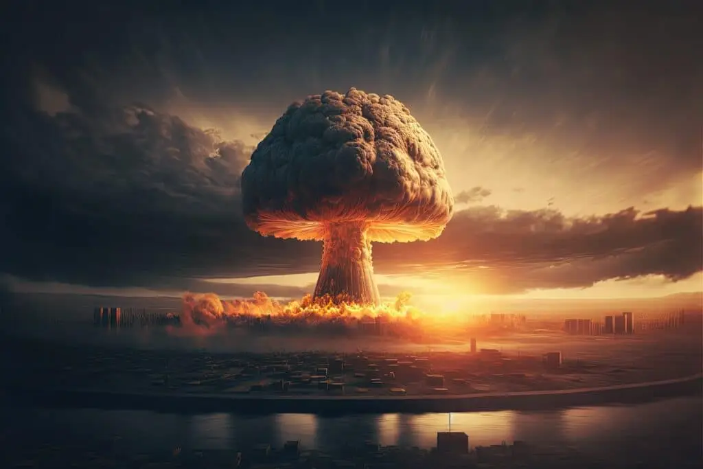 massive mushroom cloud looms over a devastated city, showcasing the aftermath of nuclear destruction.