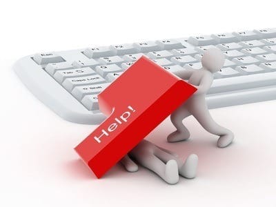 cartoon figures symbolize teamwork in seeking tech assistance with a large help! key.