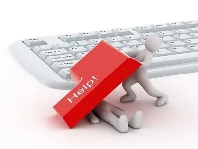 cartoon figures symbolize teamwork in seeking tech assistance with a large help! key.