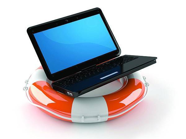 a laptop on a life preserver symbolizes safety and support in the digital age.