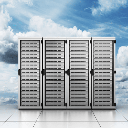 sleek server racks against a blue sky symbolize the fusion of technology and nature.