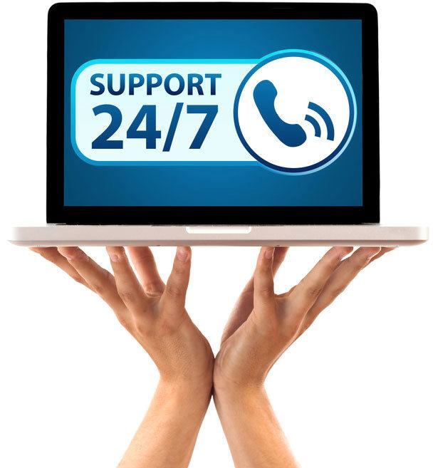 laptop showcasing 24/7 support, emphasizing accessible communication and personal assistance.