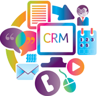 visual guide on effective crm implementation with icons representing communication, organization, and data management.