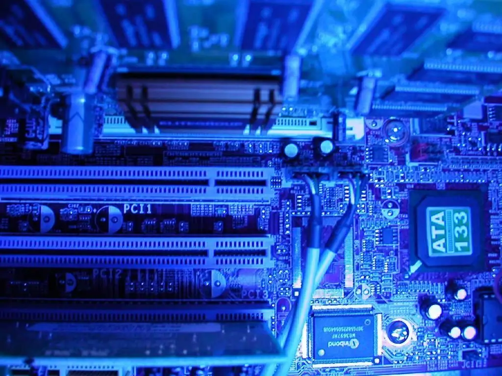 detailed close-up of a computer motherboard highlighting its blue circuitry and expansion slots.