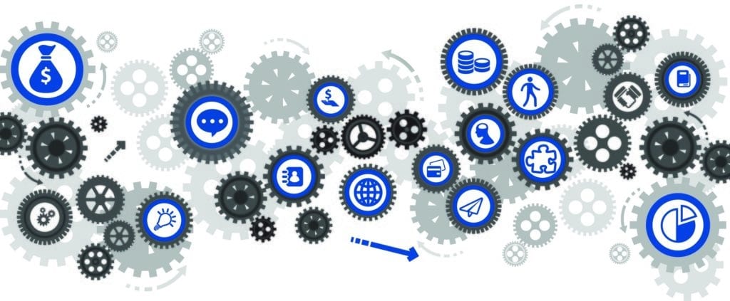 interconnected gears illustrating finance, communication, and human innovation for enhanced efficiency and synergy.
