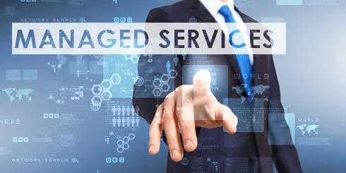 Top 3 Features A Managed Service Provider Should Provide To Your Business 3 professional man in suit highlights managed services benefits against a tech-inspired digital background.