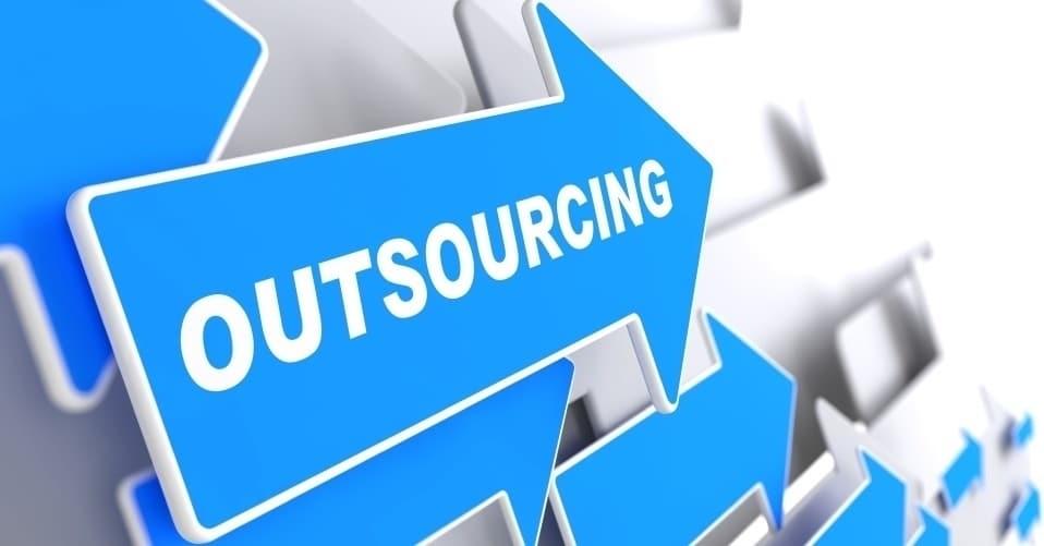 blue arrows symbolize dynamic outsourcing strategies for business growth and efficiency.