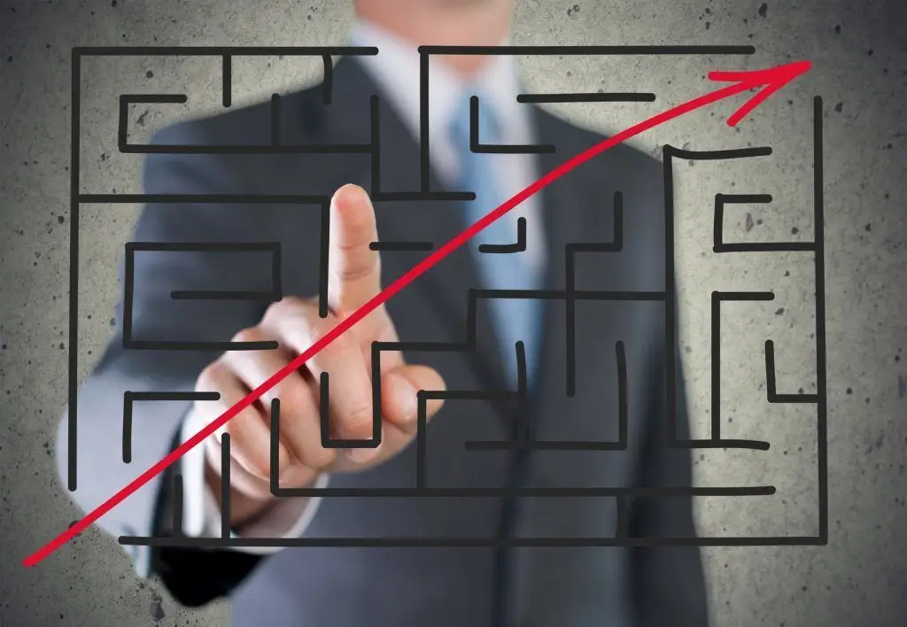 business leader pointing towards a maze, symbolizing strategic navigation through challenges.