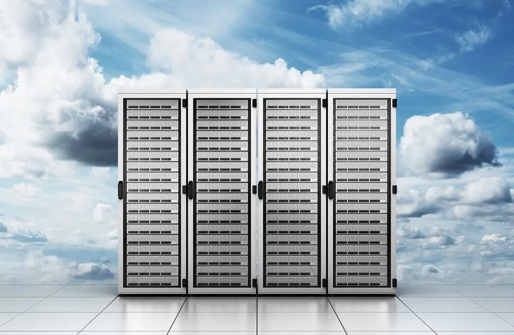 The Hype About Cloud Hosting 2 modern server racks under a bright sky symbolize the synergy of data storage and cloud computing.