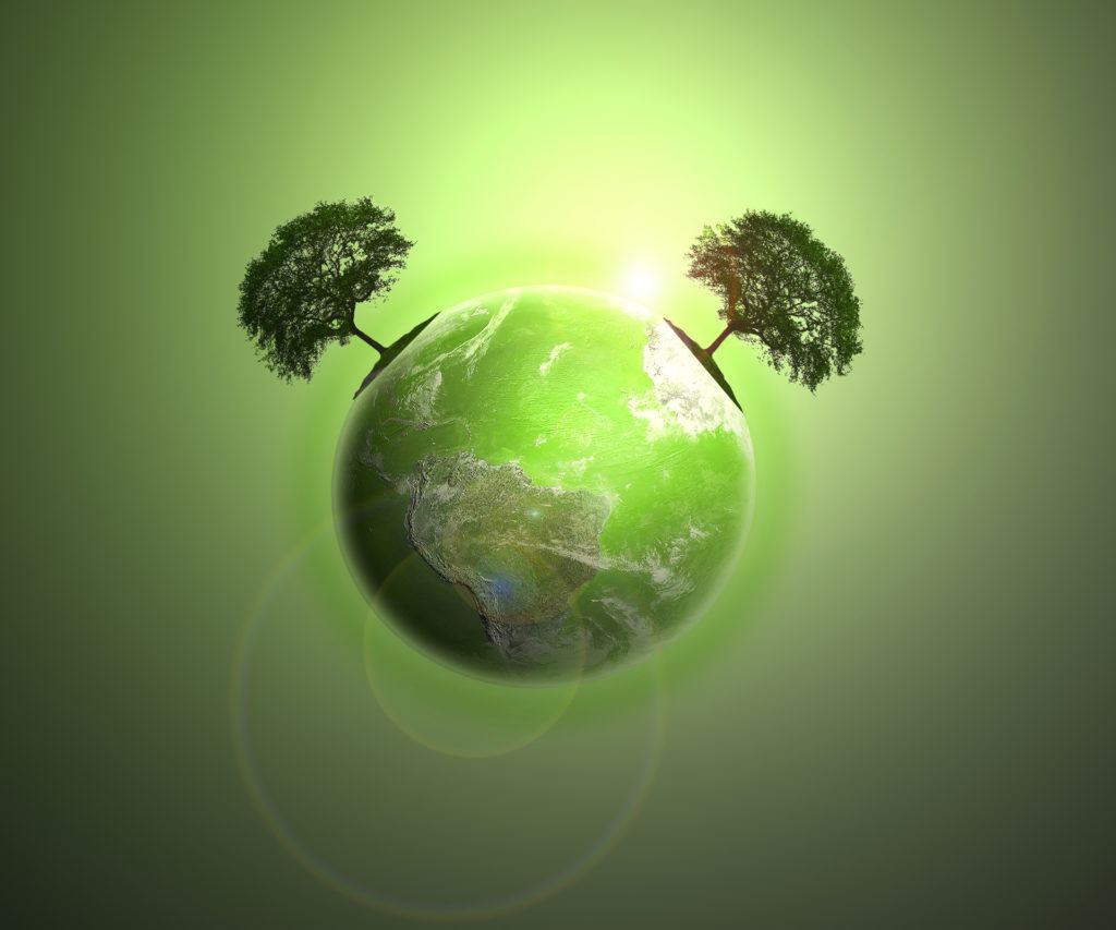 vibrant green globe with protective trees, symbolizing environmental awareness and sustainability.