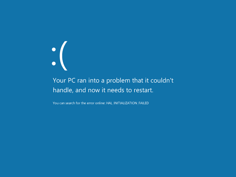 blue screen of death error message indicating a critical system failure and restart needed.