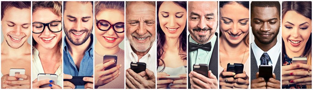 vibrant collage of diverse individuals joyfully using smartphones, highlighting the joy of connection.