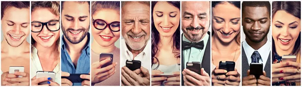 vibrant collage of diverse individuals joyfully using smartphones, highlighting the joy of connection.