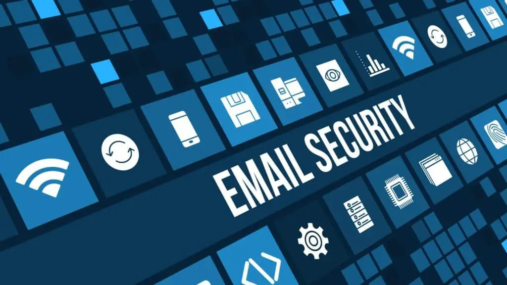 Secure Email Solutions For Your Business 1 email security design with bold text, icons for encryption and spam filtering on a blue background.