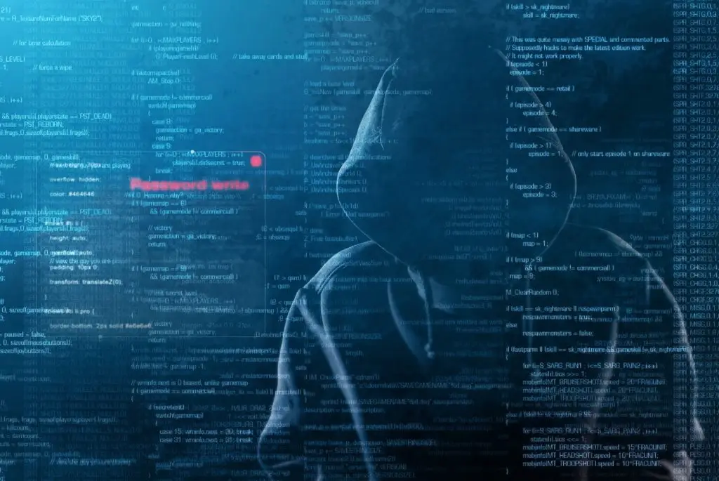 The Android Botnet That Victimized Consumers And Advertisers 5 hooded figure in dark space, facing computer code, highlighting cybersecurity threats and vulnerabilities.