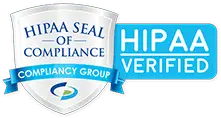 hipaa compliance verified seal of trust with shield shape, emphasizing data protection standards.