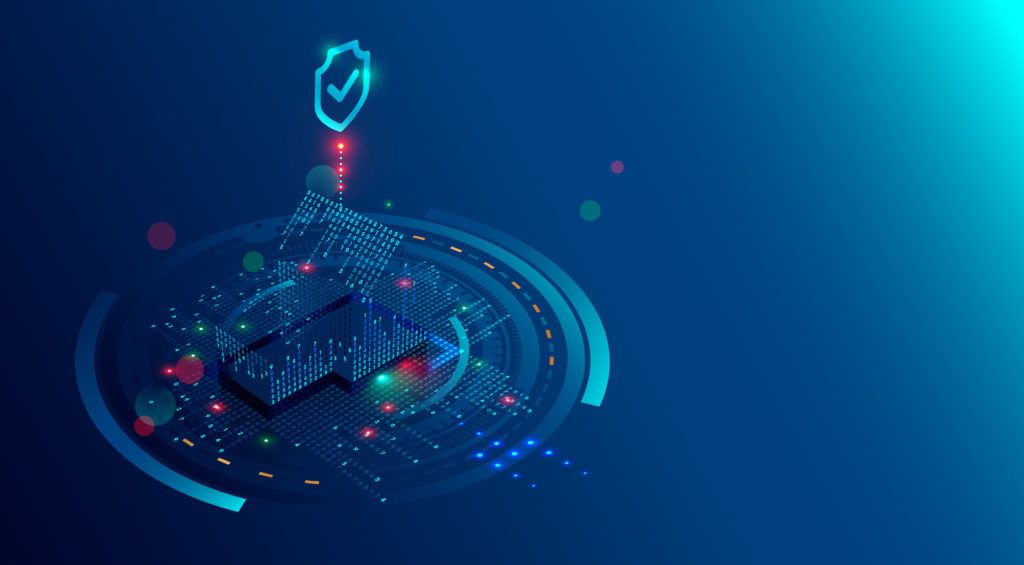 futuristic microchip with shield symbolizing advanced cybersecurity and smart home protection technology.
