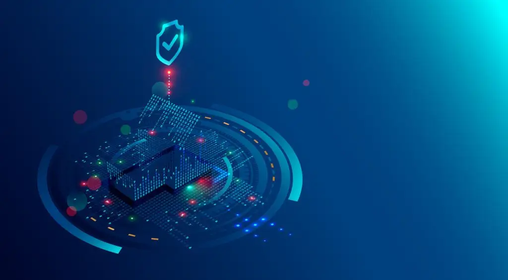 5 Reasons Remote Monitoring And Maintenance Is Essential 5 futuristic microchip with shield symbolizing advanced cybersecurity and smart home protection technology.