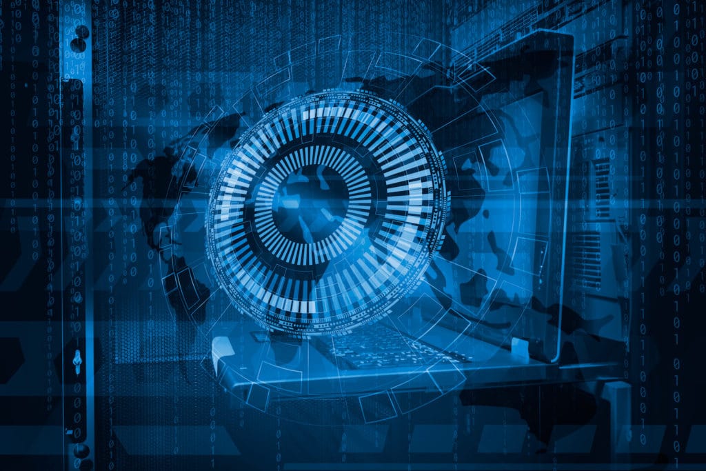 futuristic digital interface with a 3d data flow gauge and cascading binary code.