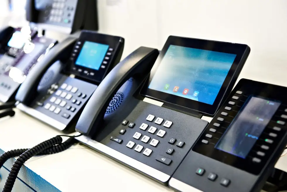 modern office phones showcasing advanced communication technology in a professional setting.