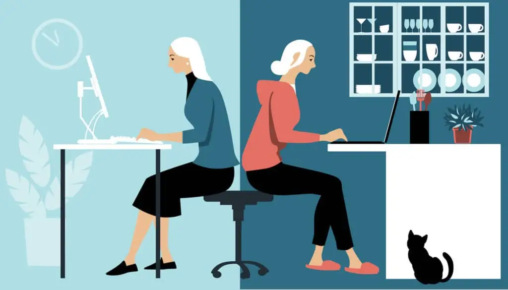4 Ways Your Business Can Prepare For Hybrid Operations 1 two elderly women in distinct workspaces, one formal and one cozy, with a cat.