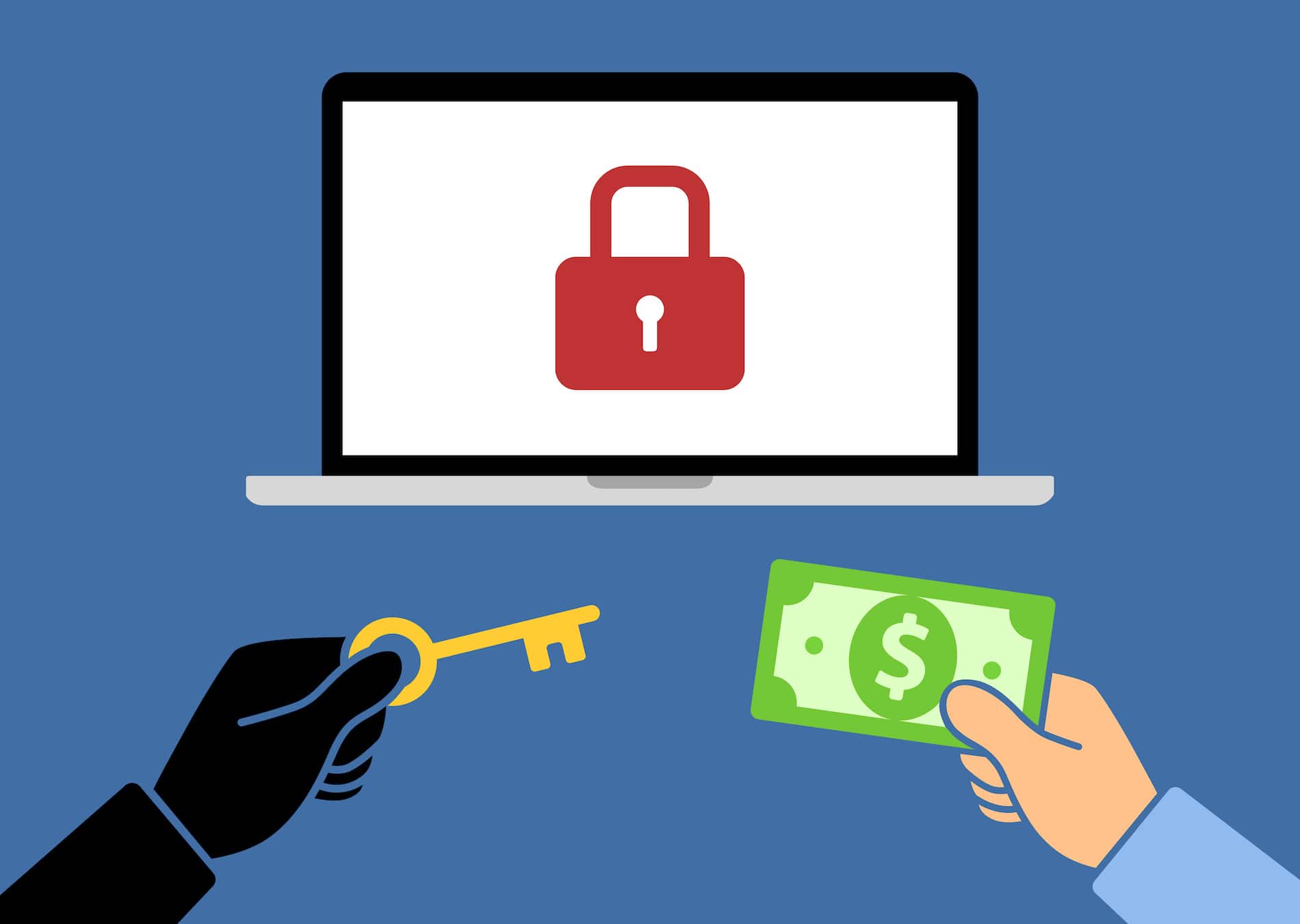 Locked computer ransomware with hands holding money and key flat vector illustration