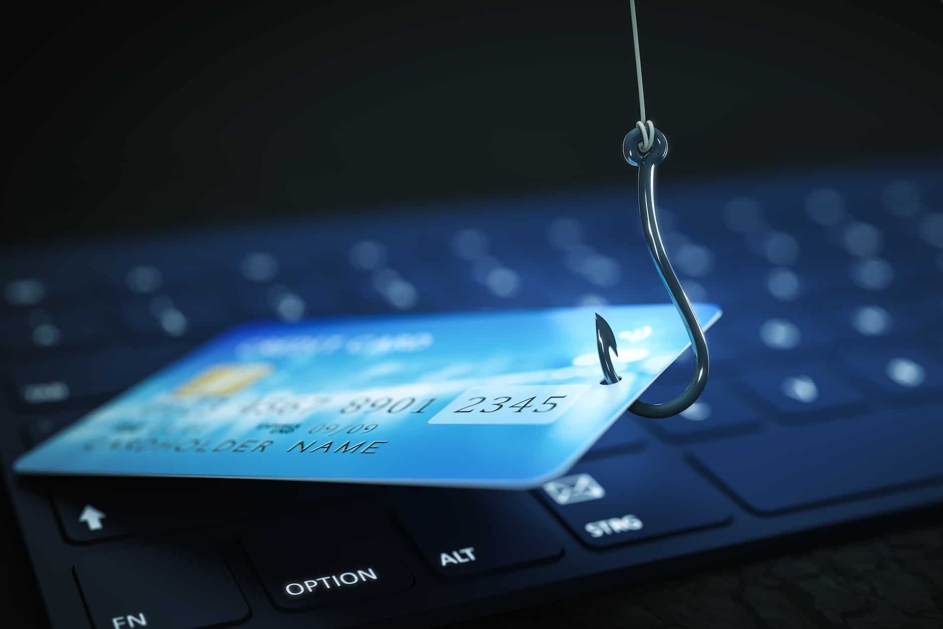 phishing credit card data with keyboard and hook symbol 3d illustration