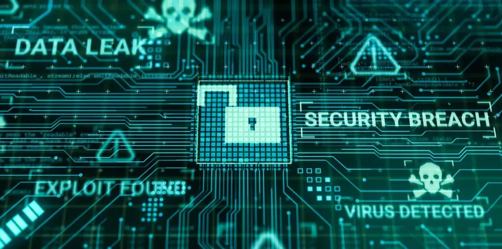 Discerning Between A Data Breach And A Security Incident Can Fuel Your Response To Each 1 cybersecurity threats highlighted with a lock, data leak, virus alert, and exploit warning symbols.