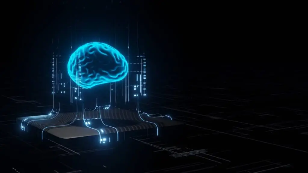 Streamlining Communication With Microsoft 365 Copilot In Outlook 6 glowing blue brain circuit on microchip, symbolizing ais future in advanced technology and computing.