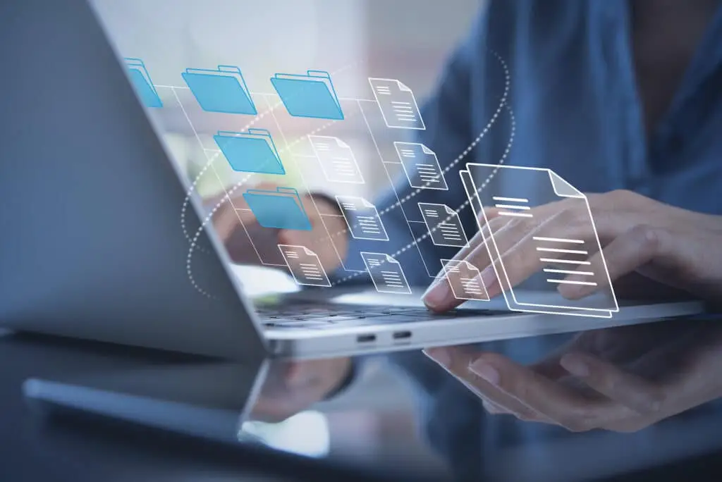 it consultant implementing document management system on laptop in a modern office environment.