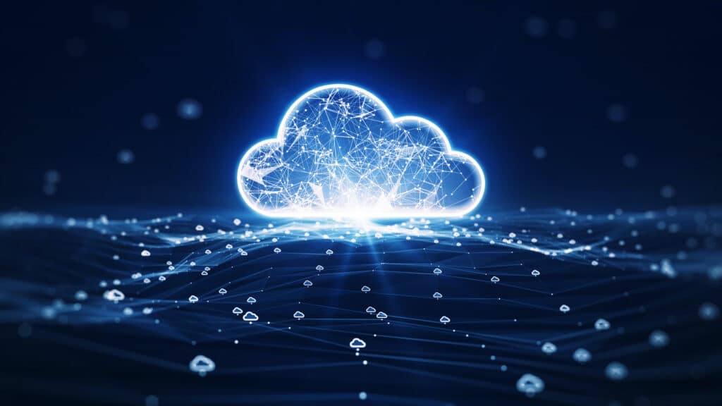 glowing cloud icon representing secure data transfer amidst interconnected digital systems on a blue background.