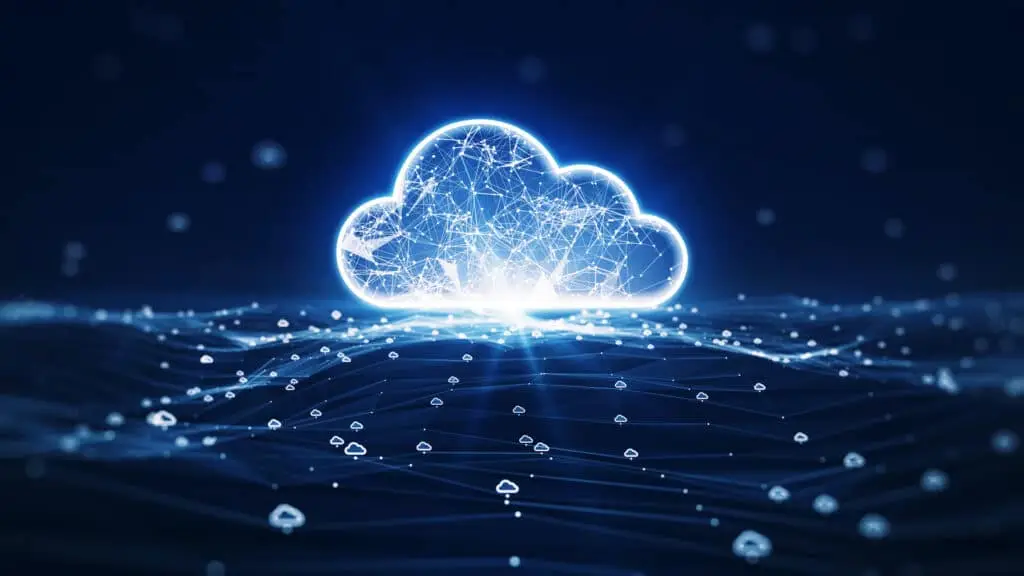 Cloud Computing Can Optimize Business Operations 5 glowing cloud icon representing secure data transfer amidst interconnected digital systems on a blue background.