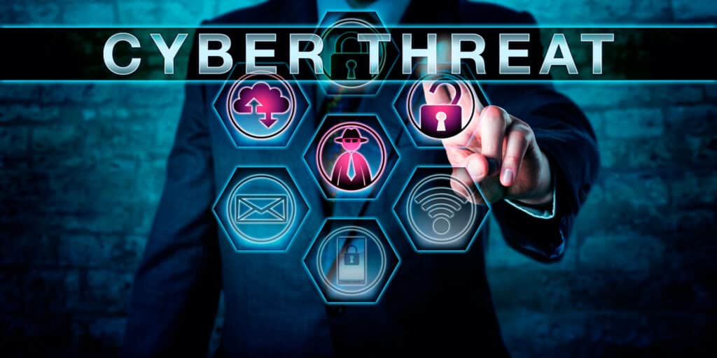 business professional engaging with cyber threat interface, highlighting cybersecurity challenges and solutions.