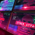 several computer screens with the words cyber attack on them