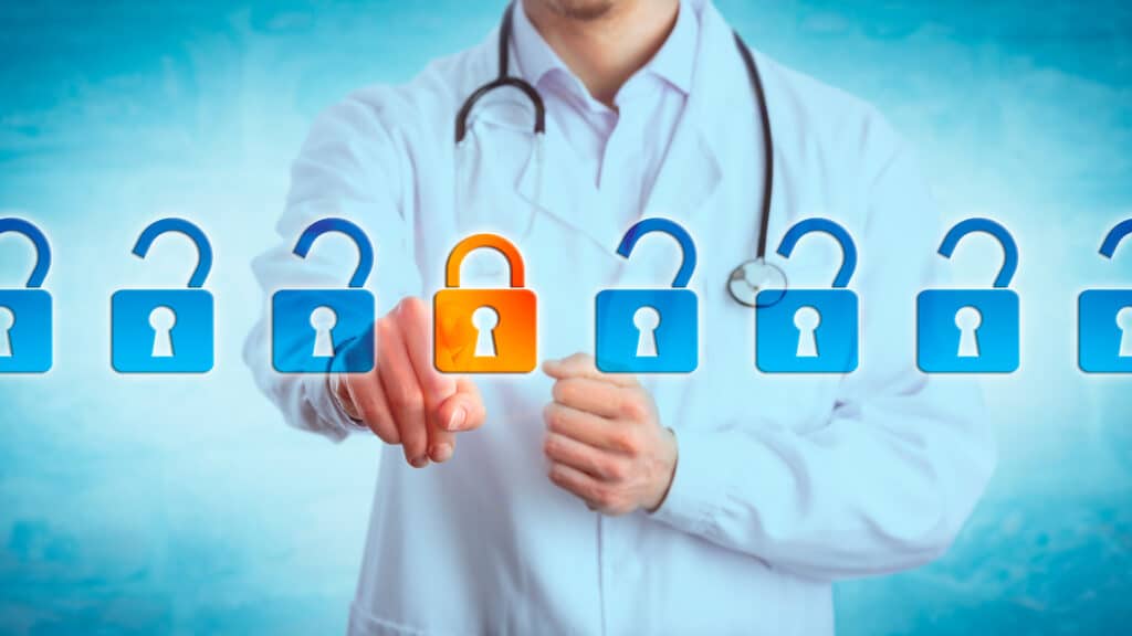 doctor safeguarding patient data, emphasizing encryption and security in healthcare management.