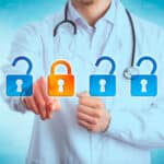 a doctor holding a padlock in front of blue background