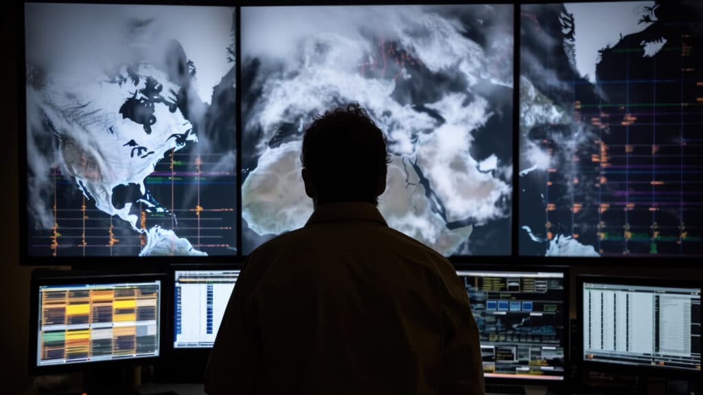 expert analyzing satellite data for hurricane monitoring in a dimly lit control room.