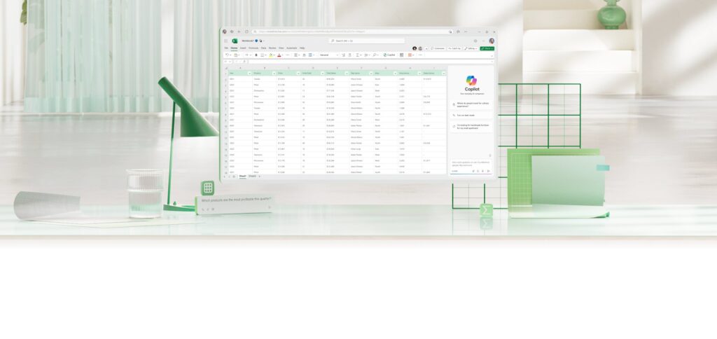 minimalist workspace featuring microsoft excel copilot with green accents and natural light.